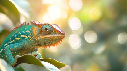 Wall Mural - Chameleon on a Green Leaf with Bokeh Background