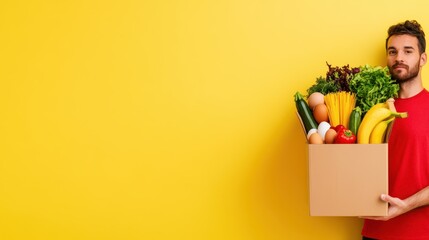 A man in a red shirt holding a box full of fresh vegetables and groceries in front of a bright yellow background. Food delivery concept.