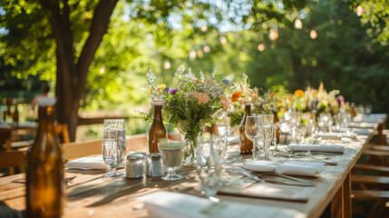 Eco-friendly wedding setup with biodegradable decorations, local flowers, and farm-to-table catering, all in a natural outdoor setting