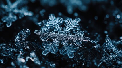 Wall Mural - Macro view of snowflake crystals on dark background