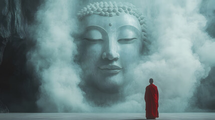 A serene scene where a monk in a vivid red robe stands with their back to the viewer, gazing up at a colossal, ethereal Buddha face that seems to form out of mist and smoke