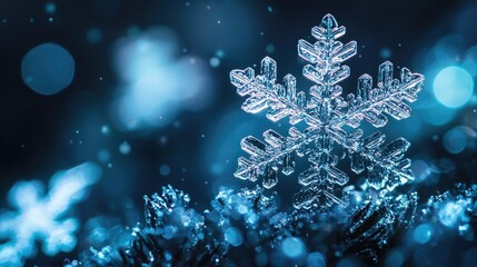 Macro view of snowflake crystals on dark background