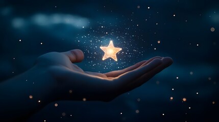 Close-up of a person hand releasing a star into the night sky, star surrounded by a soft, ethereal glow, dark sky with a few distant stars, subtle moonlight illuminating the hand, dreamy and