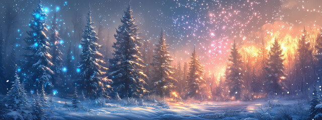 Wall Mural - Enchanted Winter Forest Under the Stars