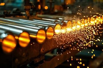 Wall Mural - Metal Pipes Being Cut by a Machine with Sparks Flying