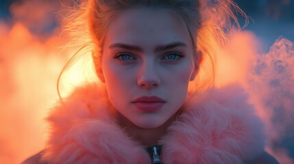 Wall Mural - A woman with blue eyes and a pink fur coat. She is looking at the camera. The image has a warm and cozy feeling