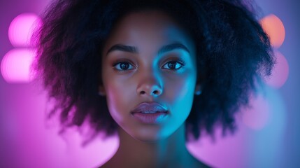 Wall Mural - A woman with curly hair and a dark complexion is staring at the camera. The image has a vibrant and colorful feel to it, with a purple background. The woman's expression is serious and focused