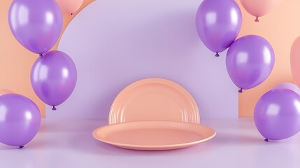 3D Render of a Soft Peach Plate and Pastel Purple Balloons Floating in a Clean Scene, Providing Perfect Space for Invitations, Announcements, or Advertisement Designs