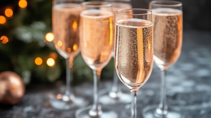 Wall Mural - A group of champagne glasses are lined up on a table. The glasses are filled with a clear liquid and have a frosted top. The scene is set in a festive atmosphere, possibly during a holiday celebration