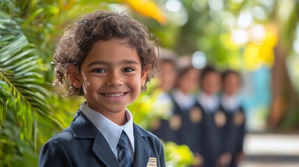 a young girl wearing a suit and tie is smiling for the camera. concept of formality and professional