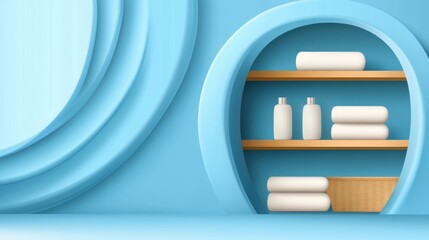 Wall Mural - A blue bathroom with a shelf and towels on it, AI