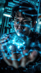 Wall Mural - A young man in glasses interacts with glowing holographic elements, surrounded by a high-tech digital backdrop at night