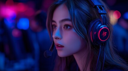 Poster - A woman wearing a headset and a microphone is looking at the camera. The image has a dark and moody atmosphere, with a blue background and a few people in the background