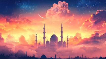 Mosque at Sunset with Crescent Moon and Stars