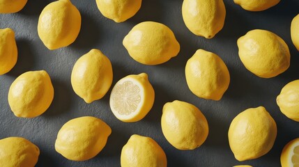 Numerous lemons arranged on a slate gray backdrop Overhead perspective diagonal layout 3D rendering artistic representation