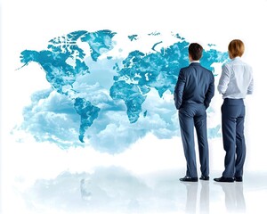 Two business professionals observing a creative world map, symbolizing networking, collaboration, and global opportunities.