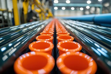 Wall Mural - Rows of Orange Cylinders and Shiny Pipes in a Factory Setting