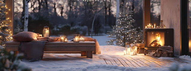 Snowy Patio with Cozy Fireplace