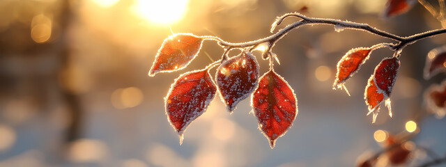 Sticker - Frozen Red Leaves in the Morning Light