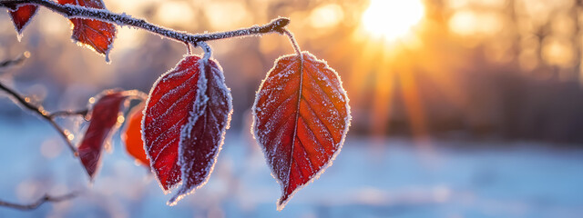 Canvas Print - Frozen Red Leaves in the Morning Light