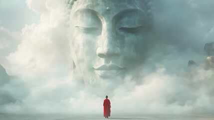 A serene scene where a monk in a vivid red robe stands with their back to the viewer, gazing up at a colossal, ethereal Buddha face that seems to form out of mist and smoke