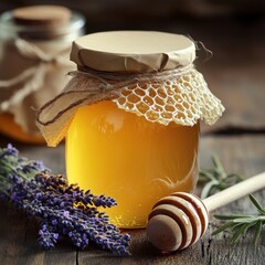 Wall Mural - Golden Honey Jar with Lavender and Honeycomb