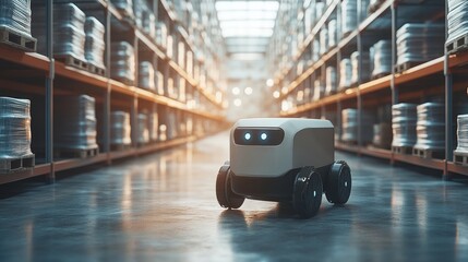 Autonomous AI-powered cargo robots delivering goods across warehouses: Small robots autonomously navigating complex warehouse layouts to transport items.