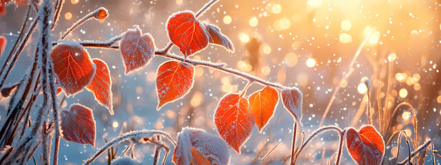 Wall Mural - Red Leaves with Frost at Dawn