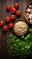 Wall Mural - Food and cooking background. Wooden table with vegetables, spices and ingredients for preparing vegan Asian dishes with mushrooms  