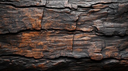 Wall Mural - Textured surface of dark, charred wood with intricate patterns and warm highlights.