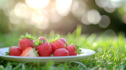 Poster - Fresh Strawberries on a Plate in the Grass