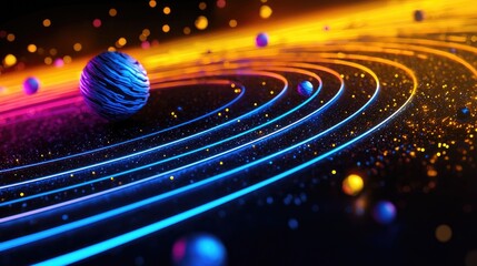 Wall Mural - Neon black light sgraffito solar system 3d illustration