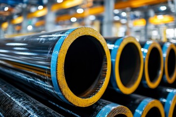 Wall Mural - Close-up of Steel Pipes with Yellow and Blue Coatings