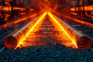 Wall Mural - Molten Metal Pipes on a Conveyor Belt in a Factory