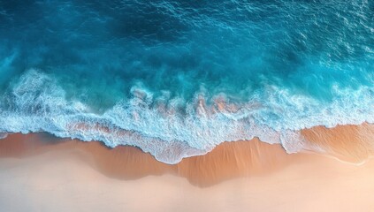 Canvas Print - Aerial View of Turquoise Ocean Waves Crashing on Sandy Beach