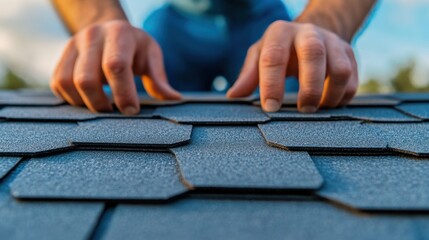 Poster - A man is putting a shingle on the roof of his house, AI