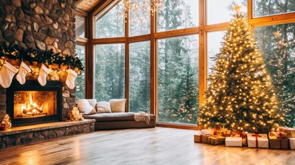 Wall Mural - Christmas tree surrounded by beautifully wrapped presents in a bright, rustic cabin adorned with glowing holiday lights. Winter celebration.