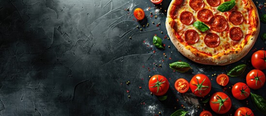 Aufkleber - Delicious pepperoni pizza with cooking ingredients like tomatoes and basil on a black concrete background A top view of steaming pepperoni pizza Includes copyspace for text Flat lay Banner