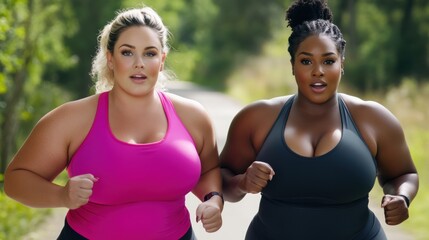 Canvas Print - Two women are running together on a trail in the woods, AI