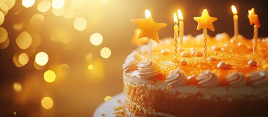 Poster - Orange Cake Orange Hue Candles and stars Festivities Birthday. with copy space image. Place for adding text or design