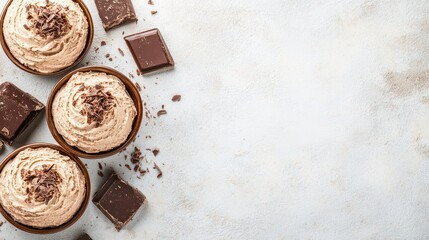 Bowls of chocolate mousse with chocolate shavings, scattered with broken chocolate pieces on a white background. Ideal for dessert recipes.