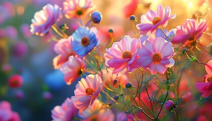 Poster - Colorful flowers bloom in the sun, and the background is dotted with delicate pink colors and natural atmosphere, showing the vitality and beauty of life.