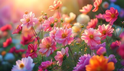 Canvas Print - Colorful flowers bloom in the sun, and the background is dotted with delicate pink colors and natural atmosphere, showing the vitality and beauty of life.