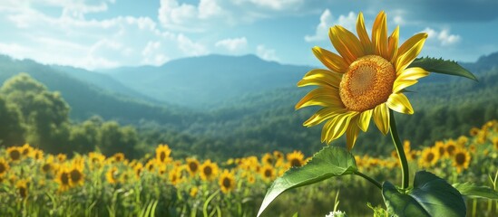 Poster - Sunflower on a mountain Sunflower field. with copy space image. Place for adding text or design