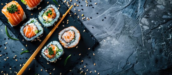 Fototapete - Japanese sushi rolls featuring salmon shrimp sesame and cream cheese are arranged on a stone slate accompanied by chopsticks and fresh greens alongside soy sauce and ginger all set against a dark cop