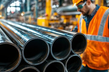 Wall Mural - Close-up of Steel Pipes with Blurred Factory Worker in Background