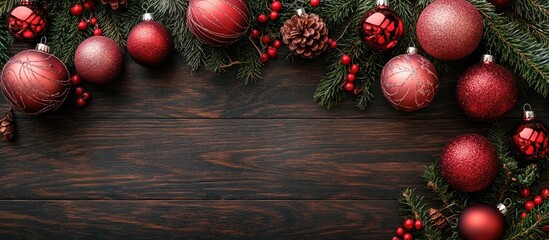 Poster - Red and pink Christmas ornaments on a dark wooden table Top view. with copy space image. Place for adding text or design