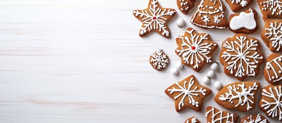 Poster - Christmas gingerbread adorned with festive decorations on a white wooden table Background for the Christmas holiday. with copy space image. Place for adding text or design
