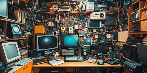 High-Tech Hoarder: An overcrowded desk, littered with every tech gadget imaginable.