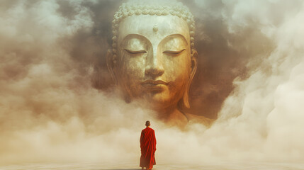 A serene scene where a monk in a vivid red robe stands with their back to the viewer, gazing up at a colossal, ethereal Buddha face that seems to form out of mist and smoke